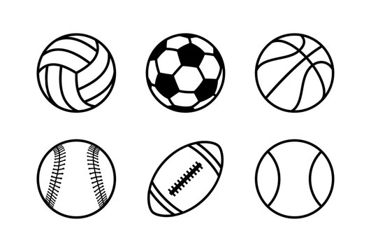Sports Ball Icon Set. Collection of Popular Ball Sports Symbols in Modern line Style Vector Illustration. Volleyball, football, basketball, softball, American football, tennis.