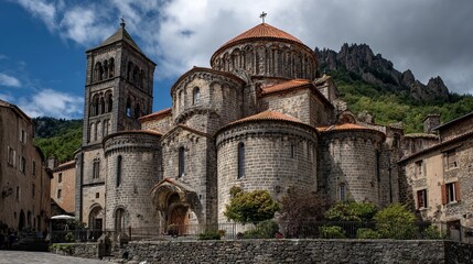 Saint Nectaire church, a Romanesque building, stands in Puy de Dome, Auvergne-Rhone-Alpes, France.