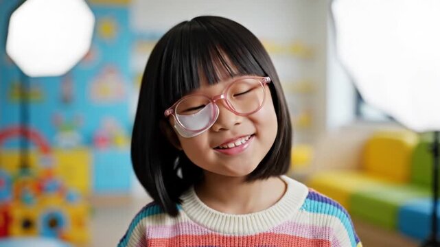 Adorable young asian girl wearing pink eyeglass frames with patch for vision therapy in video footage