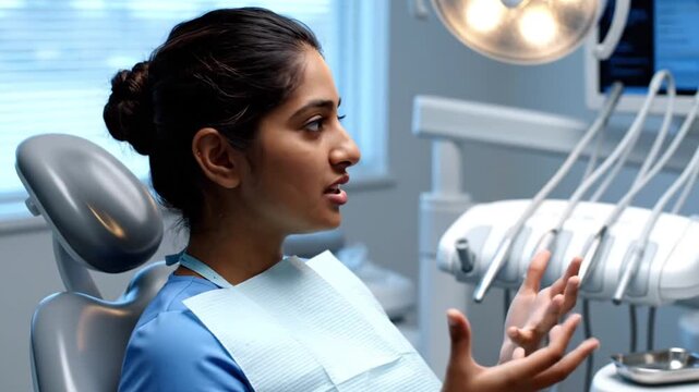 Young woman in blue scrubs talking to a dentist during a routine check-up in a modern dental office, video footage.