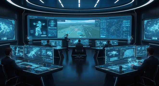 Futuristic ai control room with multiple monitors and operators working on computers in a high tech surveillance center
