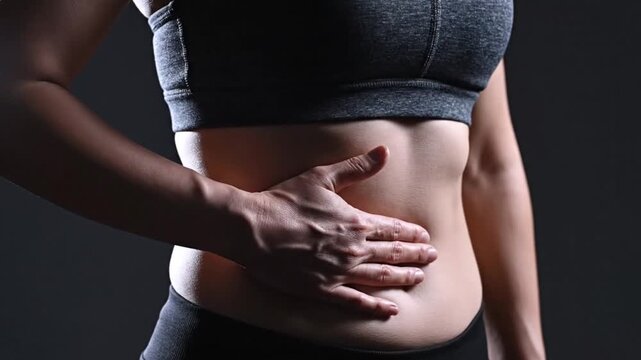 Woman showing abdominal area and excess belly fat while touching stomach in close up motion footage video