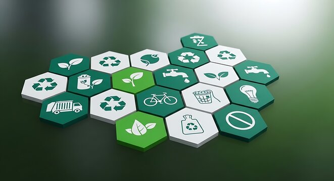An educational graphic illustrating the 3R principle through interconnected green icons representing global environmental conservation and responsibility.