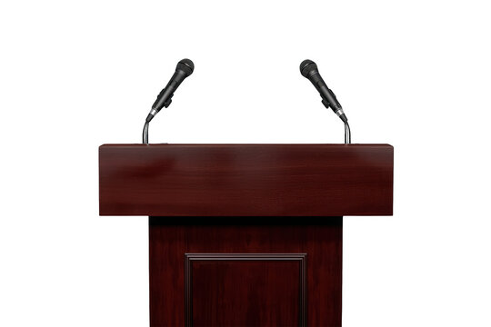 Wooden speaker podium with microphones for public speaking, conference, and business presentation, transparent background