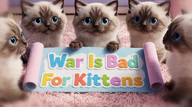 Cute 3D kawaii animation of fluffy kittens sitting in a meeting circle one kitten gently slides a tiny banner toward camera reading war is bad for kittens playful antiwar message adorable style