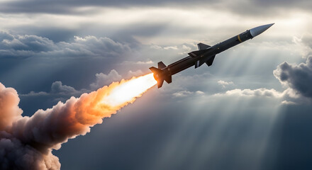 Missile launching into the sky with clouds suitable for military, warfare, technology, defense, and security concepts, including presentations and advertising.