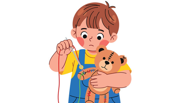 Young boy carefully sewing his beloved teddy bear with needle and thread, showing care and repair