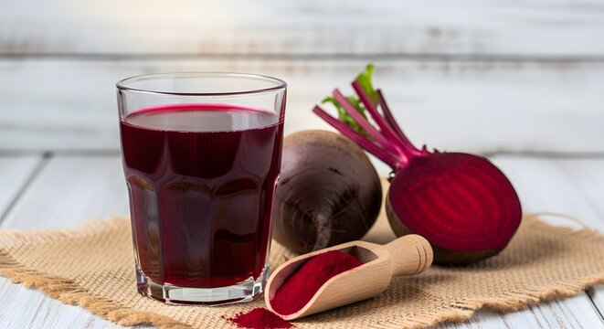 Beetroot juice with fresh beets and powder on a rustic table