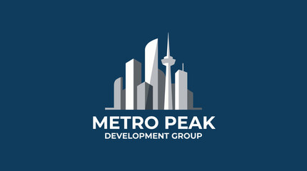 A modern logo design featuring urban skyscrapers symbolizing growth and development, ideal for real estate companies seeking a professional brand identity.