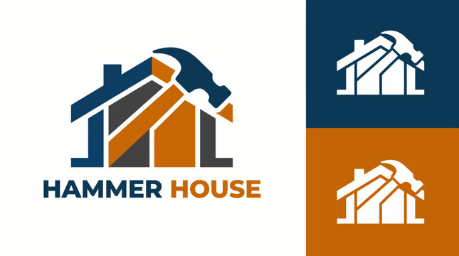 A modern logo design combining a hammer and house, symbolizing construction and home improvement services, ideal for contractors and builders looking to assert their identity.