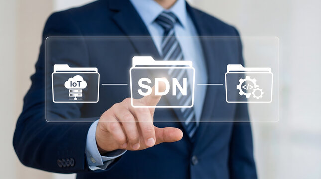 Businessman interacting with SDN software defined networking interface