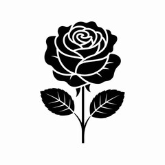 Rose flower with leaves black silhouette logo.
