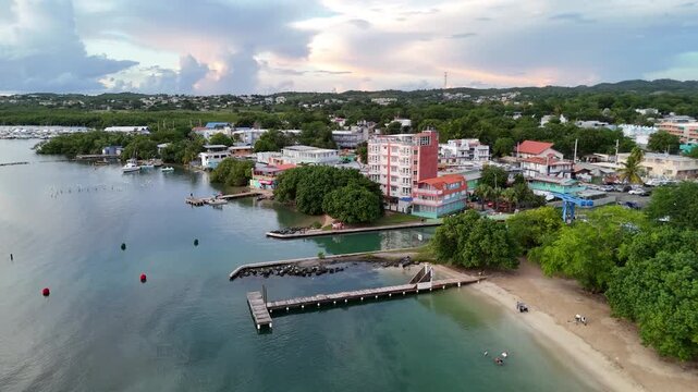 Rising Aerial Drone Shot of Boqueron Harbor Waterfront and Coastal Town in Puerto Rico