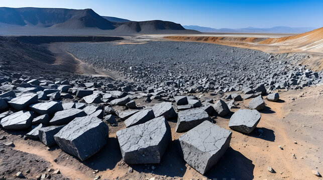Raw chromite ore on cracked soil amidst a barren mining landscape