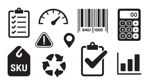 Logistics inventory management icons including barcode sku tag clipboard and calculator