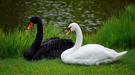 Black swan and white swan resting on green grass by the pond nature photography wildlife animal photo
