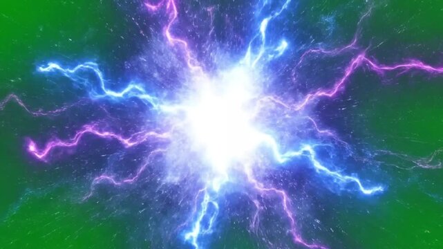 Electricity explosion in vibrant colorful lighting with purple and blue lightning on green background for futuristic technology