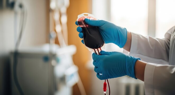 Doctor in gloves holding blood bag for transfusion in a hospital. Blood donation concept for healthcare and saving lives.