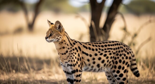 Elegant serval cat with spotted fur stands in the tall dry grass, a wild feline in its natural African habitat.
