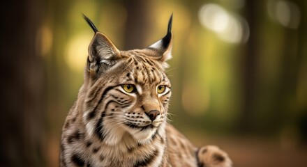 Obraz premium Magnificent Lynx portrait: Close-up of a beautiful wild cat with golden eyes in a forest setting, showcasing its wildlife beauty and nature.
