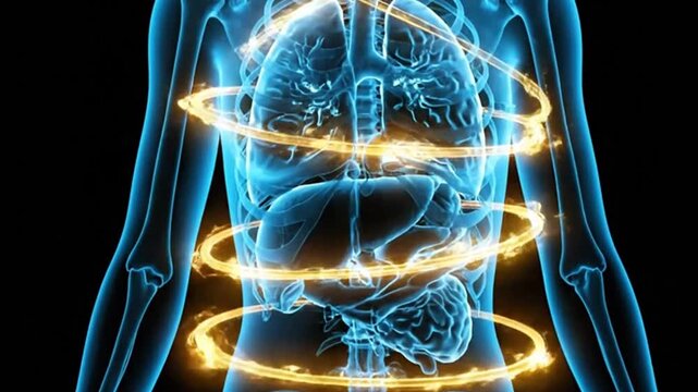 Abstract 3D Human Torso Anatomy Medical Visualization With Glowing Rings Overlay Blue And Orange Tones On Black Background