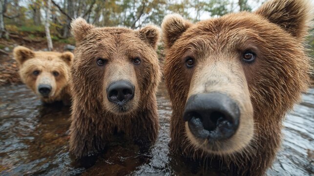 Kamchatka bears gaze at the camera in the wild peninsula.