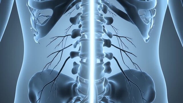 Close Up Medical Animation Of Human Nervous System Spinal Cord With Sciatica Nerve Branches In Blue X Ray Style Lighting Detailed Structure