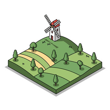 Isometric illustration of a windmill on a green hill with trees and fields.