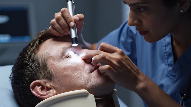 Medical Examination Close-up Doctor Checks Patient's Eye With Penlight In Clinical Setting Focused On Diagnosis And Care