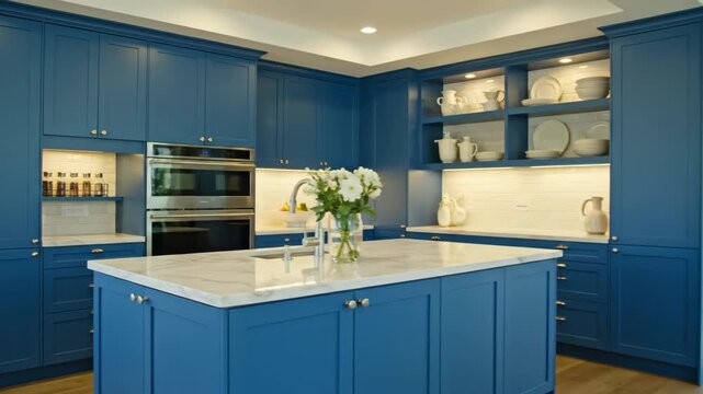 Elegant kitchen interior with classic blue cabinets and a large marble island. Modern home design featuring custom cabinetry and high end appliances for luxury real estate marketing