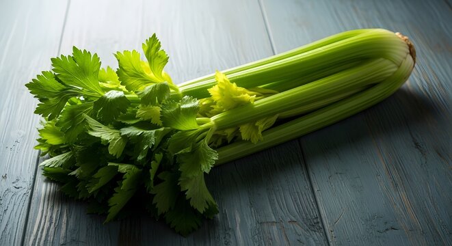 Fresh celery stalks on a rustic wooden surface highlighting healthy eating and nutrition
