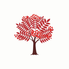 Obraz premium A minimalist illustration of a tree with a brown trunk and vibrant red leaves and berries, set against a plain white background.