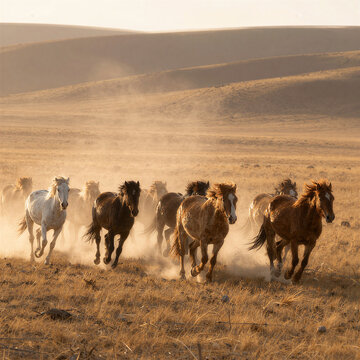 Wild horses running on dry Kazakhstan steppe
