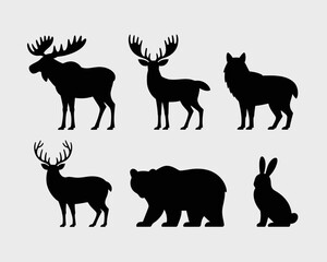 Fototapeta premium Silhouettes of various wild animals including deer, moose, wolf, bear, and rabbit.
