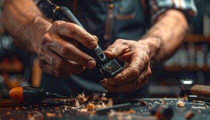 Craftsman meticulously carving wood with precision tools in his workshop.
