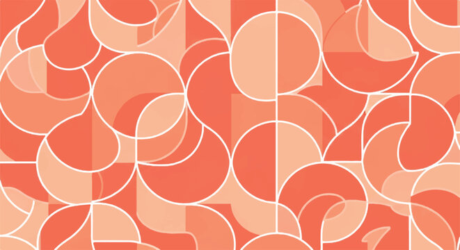 Seamless abstract geometric pattern with coral and peach circles, semicircles, and quarter-circles, creating a modern, elegant mosaic background design.