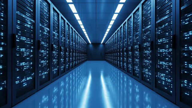 Modern data center corridor with rows of blue glowing servers