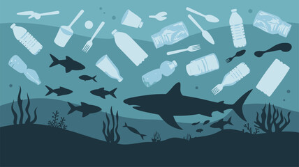 Obraz premium Marine life shark plastic waste problem illustration