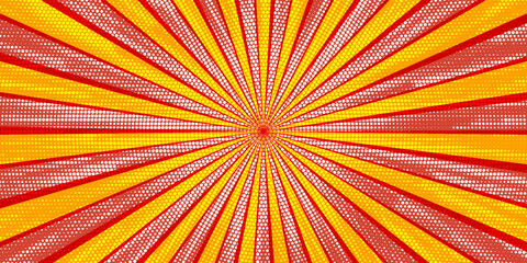 Retro red background with vintage circus sunburst. Psychedelic colorful swirl poster, abstract pattern in 70s carnival style. Hypnotic sunburst vector illustration. © towilah