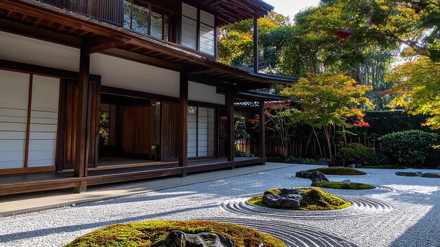 Japanese zen garden with raked gravel circular pattern and moss stones creating calm traditional courtyard scene