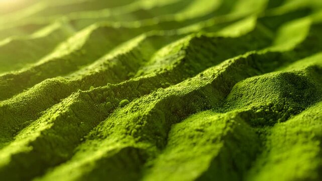 Rich green matcha powder surface with wave like ridges creating abstract food texture