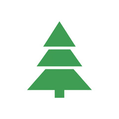 A simple, flat graphic of a green evergreen or Christmas tree. It features three stacked triangular foliage segments and a small rectangular trunk on a white background.