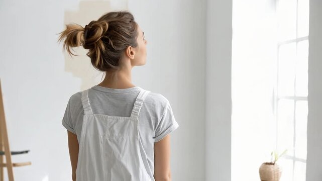 Woman standing indoors facing wall with patchy paint evaluating interior renovation