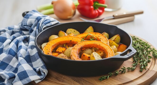 Roasted delicata squash with herbs and vegetables in a cast iron skillet