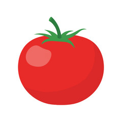 A bright red, ripe tomato with a green stem and leaves. The illustration is simple and stylized, with a subtle highlight on the fruit.