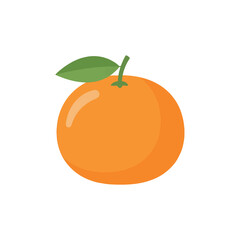 A bright orange citrus fruit with a green leaf and stem, isolated on a white background. Simple, stylized, and graphic.