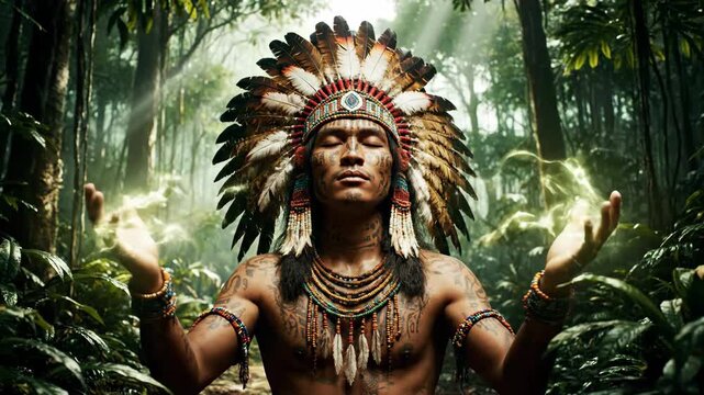 Indigenous male shaman in a feathered headdress performing a spiritual ritual. Sequence shows a man channeling magical energy in a lush rainforest with divine light from above
