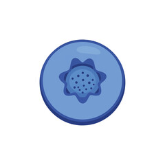 A cartoonish, top-down illustration of a single, round blueberry with a distinct star-shaped indentation and scattered small dots.