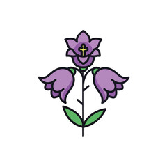 Stylized purple bellflower plant with three blooms and green leaves. The top flower features a small golden cross symbol, outlined in black on a white background.