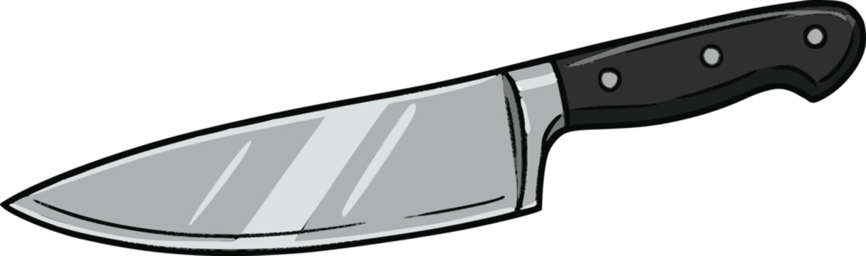 chef kitchen knife vector in hand drawn color style with black fill lines featuring a sharp steel blade and painterly spots for a professional culinary illustration